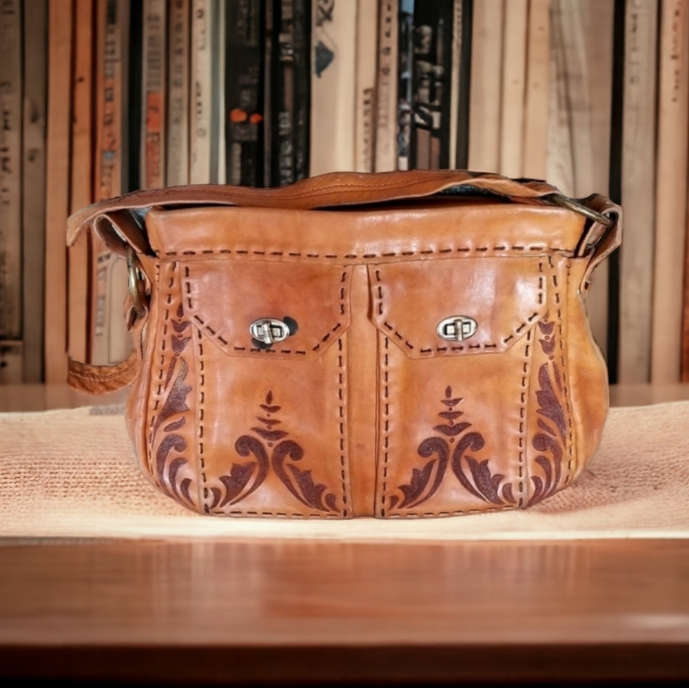 Vintage 1970s Tooled Leather Shoulder Bag - Picture 1 of 16